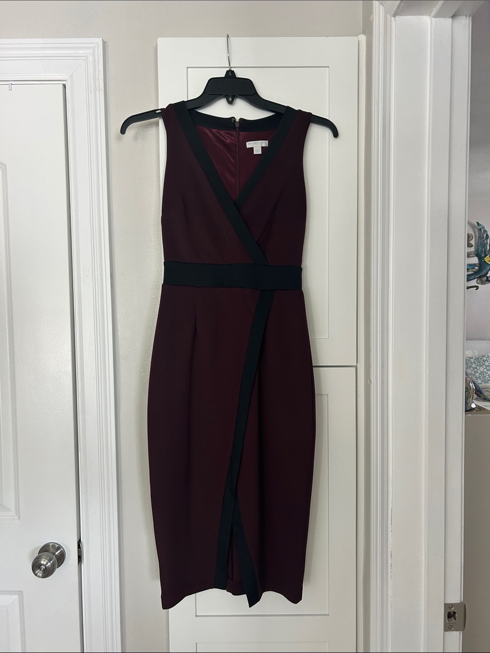 New York & Company Burgundy Midi Dress with Black Trim